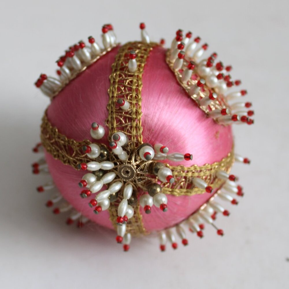 Vintage Pink Satin Ball Beaded Push Pin Christmas Ornament Sequin Embellished 5” - Picture 6 of 8